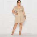 Women Plus Size Casual V Neck Short-sleeve Drawstring Dress