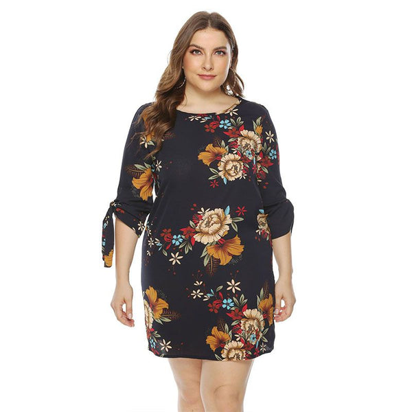 New Arrival Women Knotted Half Sleeve Flower Print Round Neck Dress