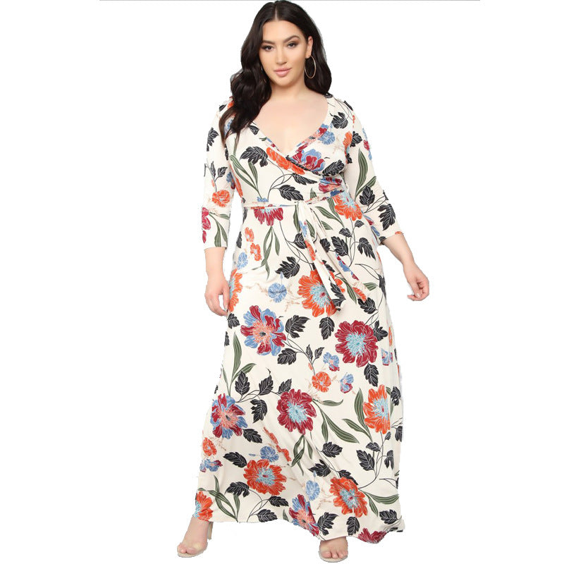 Hot Sale Women Fashion V Neck Three Quarter Sleeve Floral Print Maxi Dress