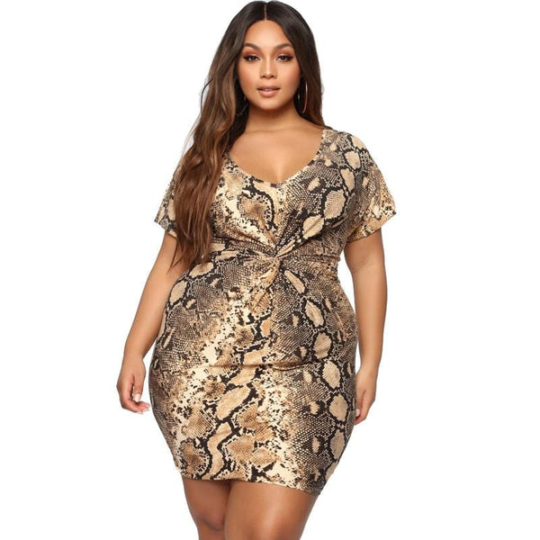 Women Short-sleeve Defined Waist Design Snakeskin Print Midi Dress