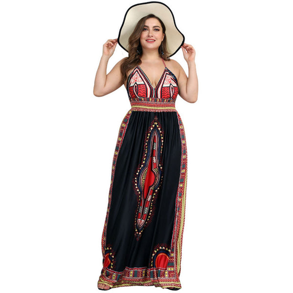 Bohemia Style Women V Neck Defined Waist Graphic Print Slip Dress