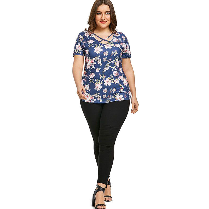 Casual Plus Size Floral Print Short Sleeves Women T-shirt