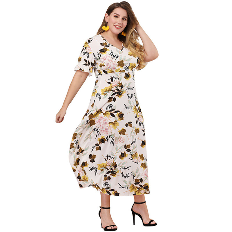 Hot Sale Women V Neck Short-sleeve Figure Flattering Floral Print Dress