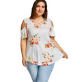 Casual Women Cool-shoulder Short-sleeve Floral Print Plus Size T-shirt