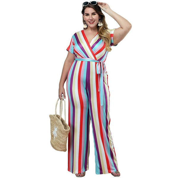 Women Fashion Casual Short-sleeve Stripe Print Jumpsuits