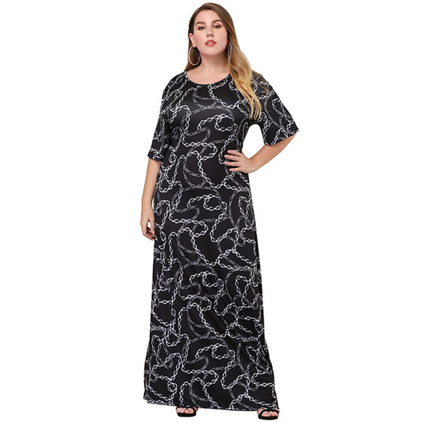 Hot Sale Women Round Collar Half-sleeve Link Chain Print Maxi Dress