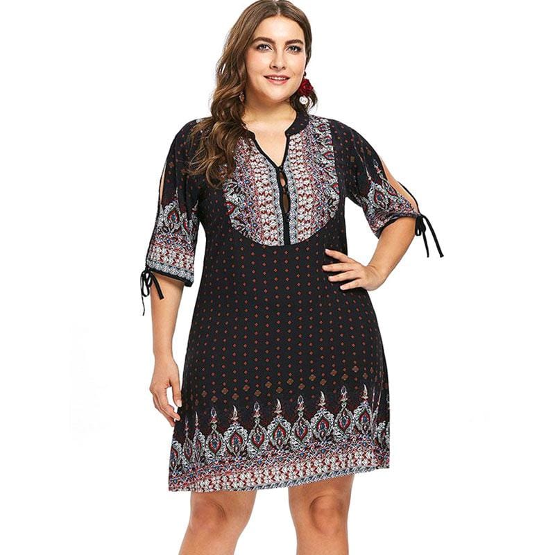 Women Ethnic Print Half Sleeve Buttoned V Neck A Shape Dress