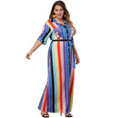 Women Fashion Multicolor Stripe Print Short-sleeve Lace-up Long Length Shirtdress