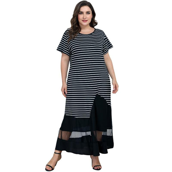 Women Fashion Hemline Patchwork Gauze Design Stripe Print Maxi Dress