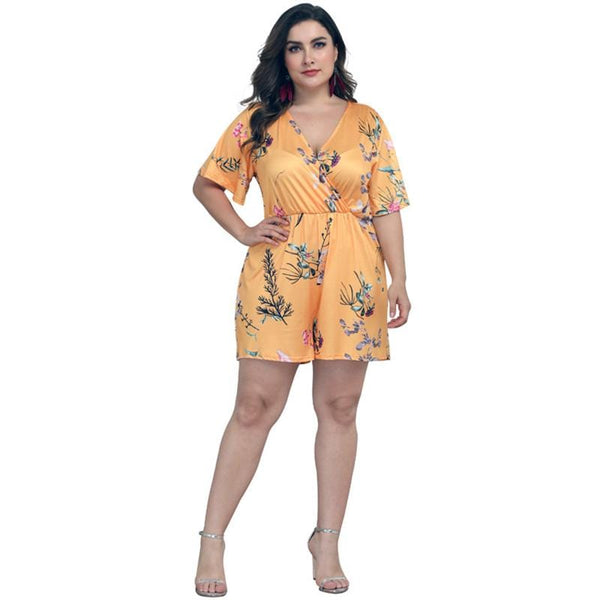 Women Plus Size V Neck Short-sleeve Floral Print Rompers