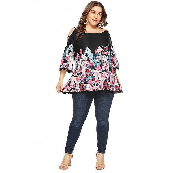 Elegant Women Cool-shoulder Flare Sleeve Floral Print Loose Pattern Blouse