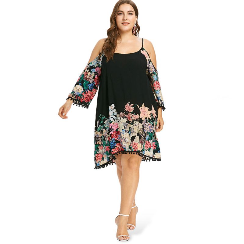 Fashion Floral Print Women Cool-shoulder Pom Pom Fringed Plus Size Dress