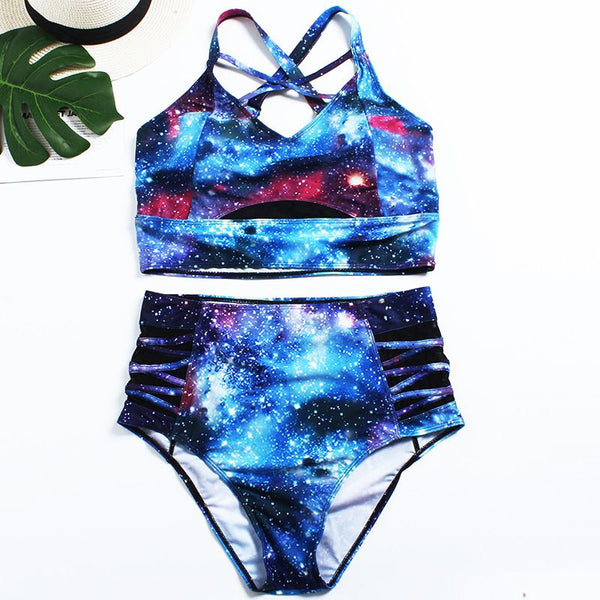 Fashion Multicolor Star Galaxy Print Two-piece Swimwear