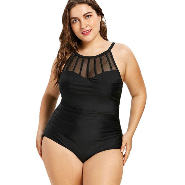 Fashion Mesh Patchwork Women Plus Size Black Slimming Swimwear