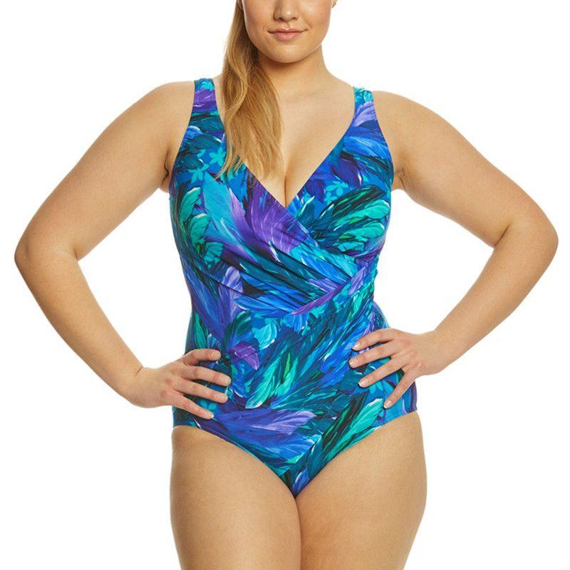 Plus Size Women Gradient Color Pleated Design One-piece Swimwear