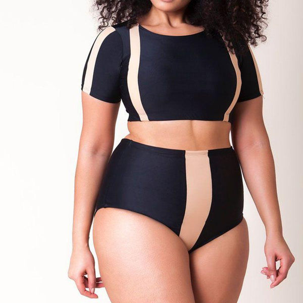 Women Color Blocking Plus Size High-waisted Two-piece Swimwear