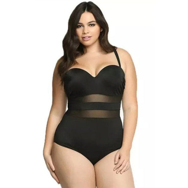 See-through Mesh Patchwork Plain Color Women Plus Size One-piece Swimwear