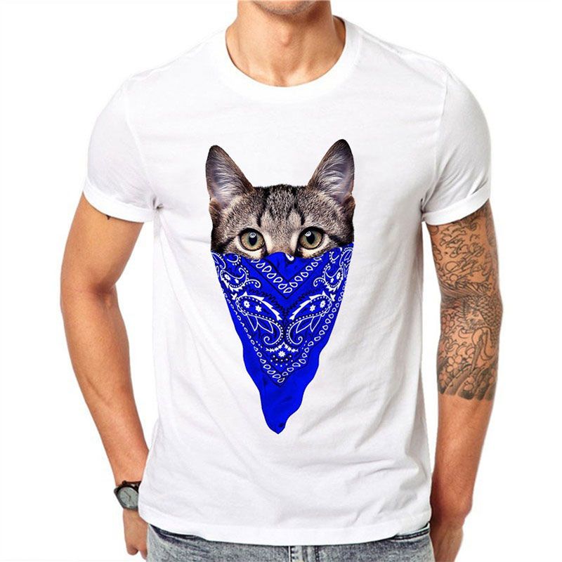 Men Polyester Cat Print Slim Fit Tees