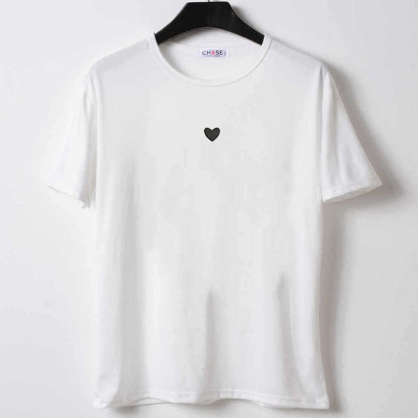 Fashion Women Simple Heart Printed Basic White Tee