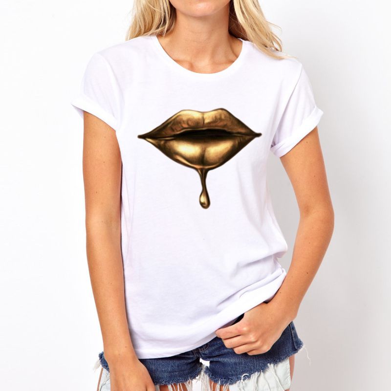 Creative Bright Color Lip Print Women Summer Basic Tee