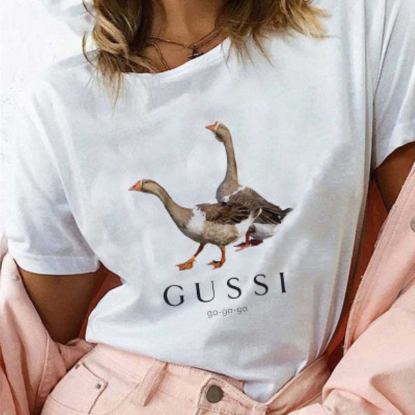 Casual Round Neck Short-sleeve Ducks Printed Summer Tree