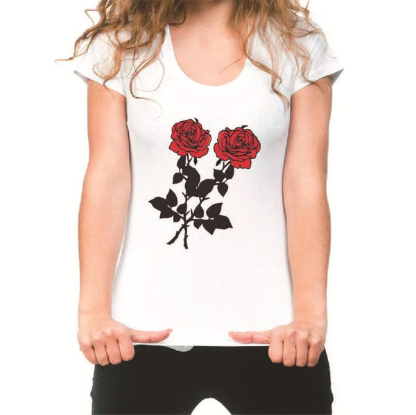 Fashion Rose Printed Short-sleeve Women Casual Tee