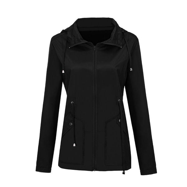 Casual Women Solid Color Lapel Collar Drawstring Pattern Waterproof Jacket