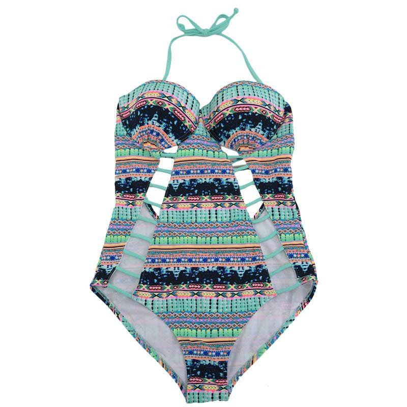 Women Multicolor Ethnic Print Hollow Design One-piece Swimwear