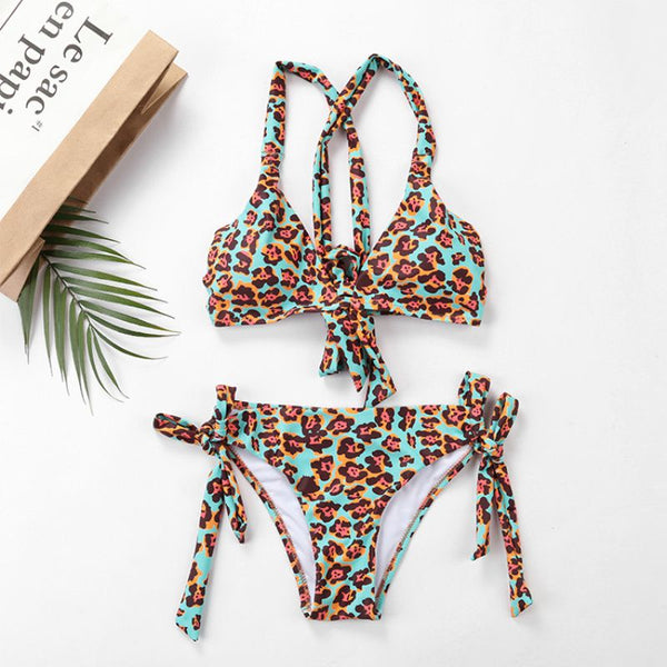 Fashion Two-piece Leopard Pattern Self Tie Summer Swimwear