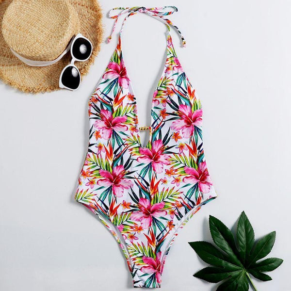 Sexy Women V Neck Flower Print Spaghetti Strap Halter Swimwear