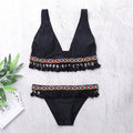 Black Women Sexy V Neck Unique Fringed Design Hollow Out Two-piece Swimwear