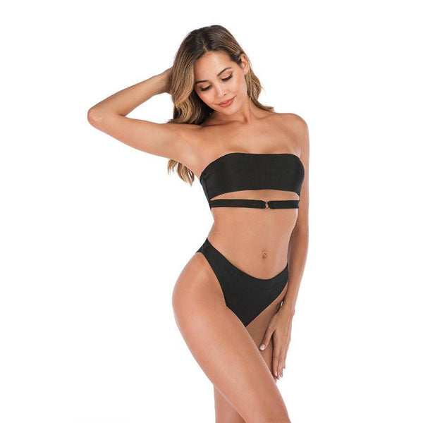 Plain Color Strapless Women Cut-out Sexy Bikini Swimwear