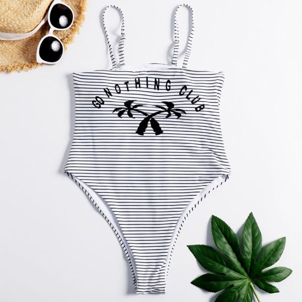 Classic Stripes Print Coconut Tree Letters Printed One-piece Swimwear