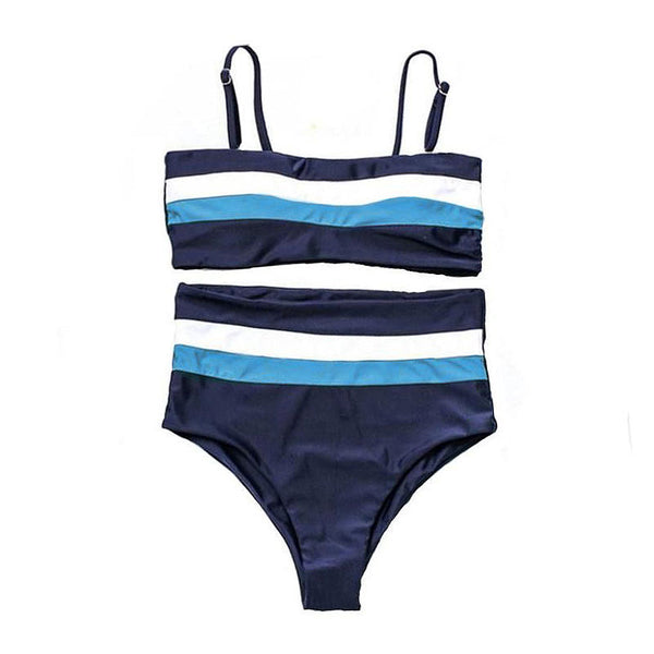 Adjustable Strap Color Blocking Design Women Two-piece High-waisted Swimsuit