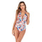 Bright Color Leaf Flower Print Women One-piece Halter Swimwear