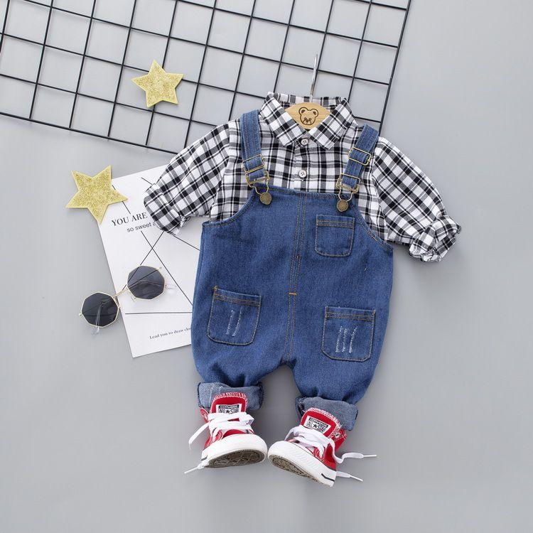 Cute Little Boys 2 Pcs Cotton Long Sleeves Plaid Print Shirts And Denim Overalls