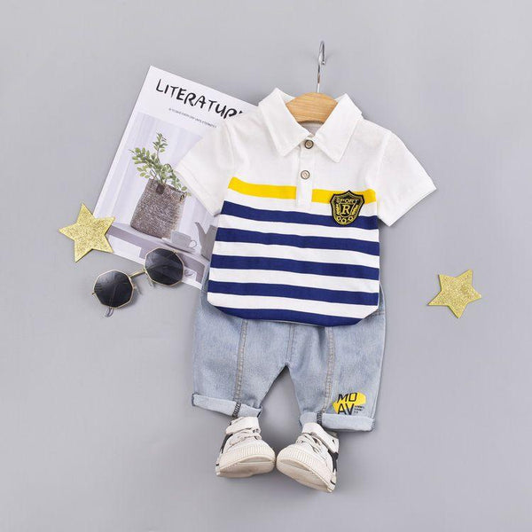 2 Pcs Little Boys Cotton Stripes Print Polo Shirts And Shorts