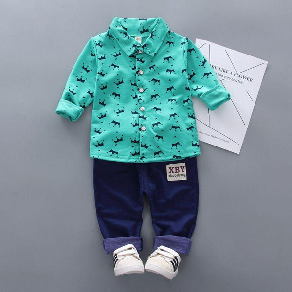 2 Pcs Boys Cotton Print Long Sleeves Shirts And Pants Set