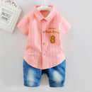 2 Pcs Boys Cotton Stripes Print Shirts And Denim Shorts