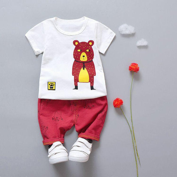 2 Pcs Casual Boys Cotton Cartoon Bear Print Tees And Matching Shorts Set