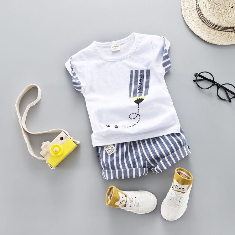 2 Pcs Boys Cotton Pencil Print Tees And Stripes Shorts