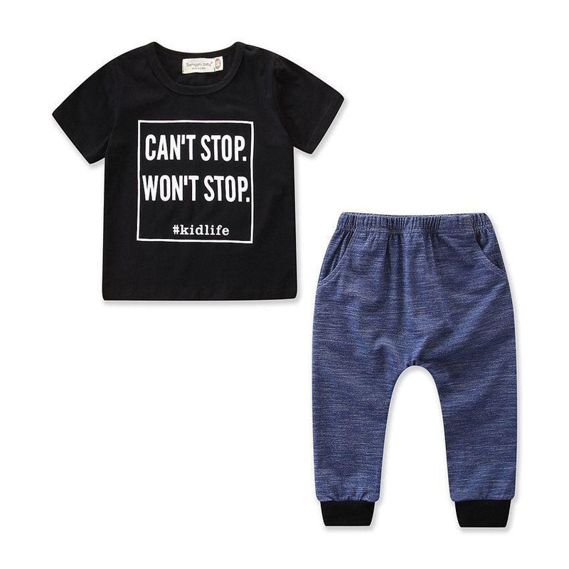 2 Pcs Boys Letter Print Tees And Casual Elastic Waist Pants