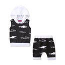 2 Pcs Boys Shark Print Sleeveless Hoodies And Elastic Waist Shorts