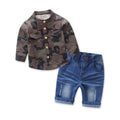 Boys 2 Pcs Long Sleeves Camouflage Print Shirts And Denim Shorts