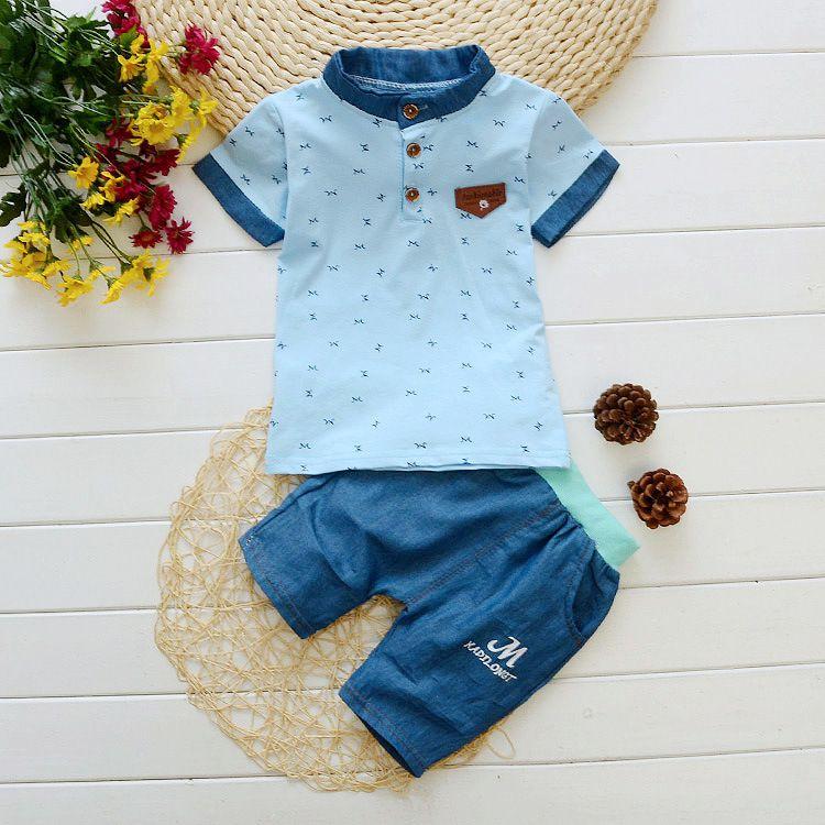 2 Pcs Boys Print Standing Collar Tees And Shorts