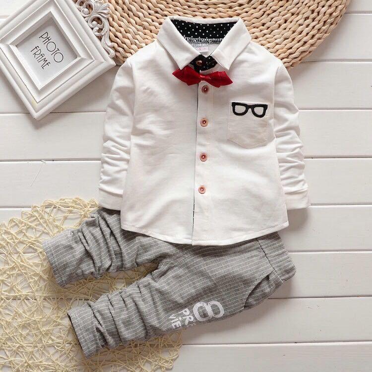 2 Pcs Boys Plain Long Sleeves Shirts And Casual Pants