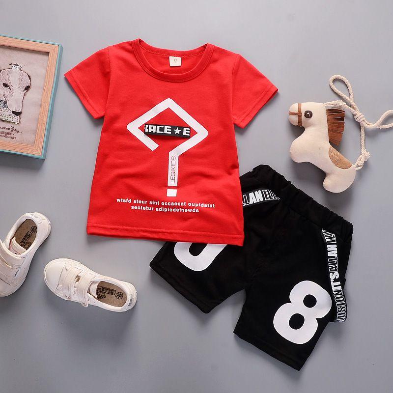 2 Pcs Boys Letter Print Short Sleeves Tees And Shorts Set