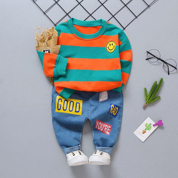 2 Pcs Boys Color Blocking Round Neck Tops And Print Denim Pants