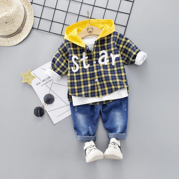 2 Pcs Little Boys Plaid Print Patchwork Hooded Button Coats And Pants