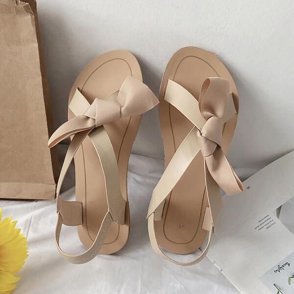 Fashion PU Upper Crossed Design Bowknot Decor Flat Sandals